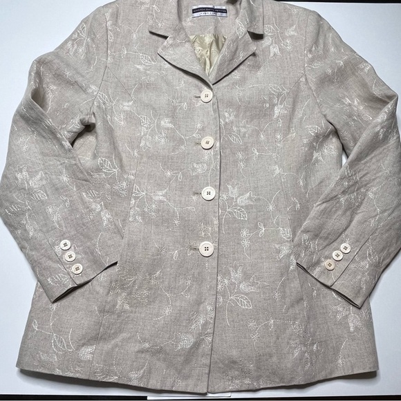 Amanda Smith Petites Pure Linen Jacket Blazer Beige Embroidered Size 12P - Picture 4 of 16